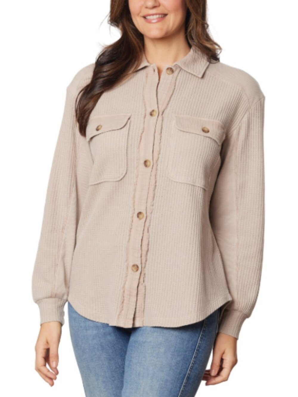 Briggs Women's Relaxed Fit Button Front Long Sleeve Waffle Shirt Tan S
